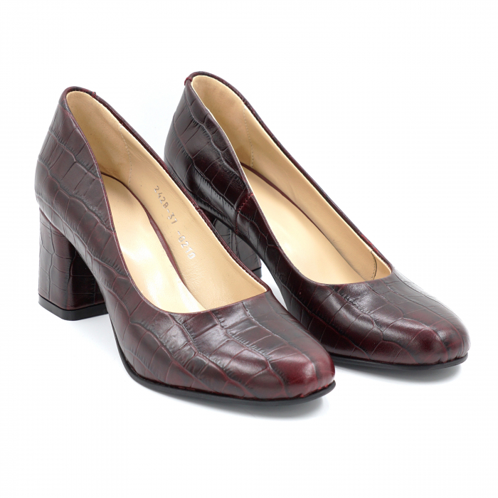 Pantofi dama din piele naturala croco visiniu burgund cu varf rotund si toc mic gros 6 cm 0210-1-24 [5]