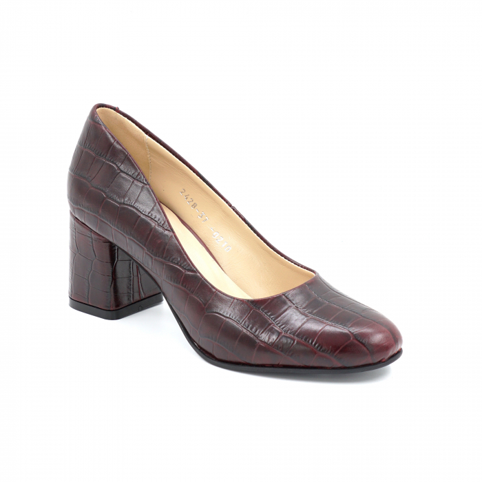 Pantofi dama din piele naturala croco visiniu burgund cu varf rotund si toc mic gros 6 cm 0210-1-24 [2]