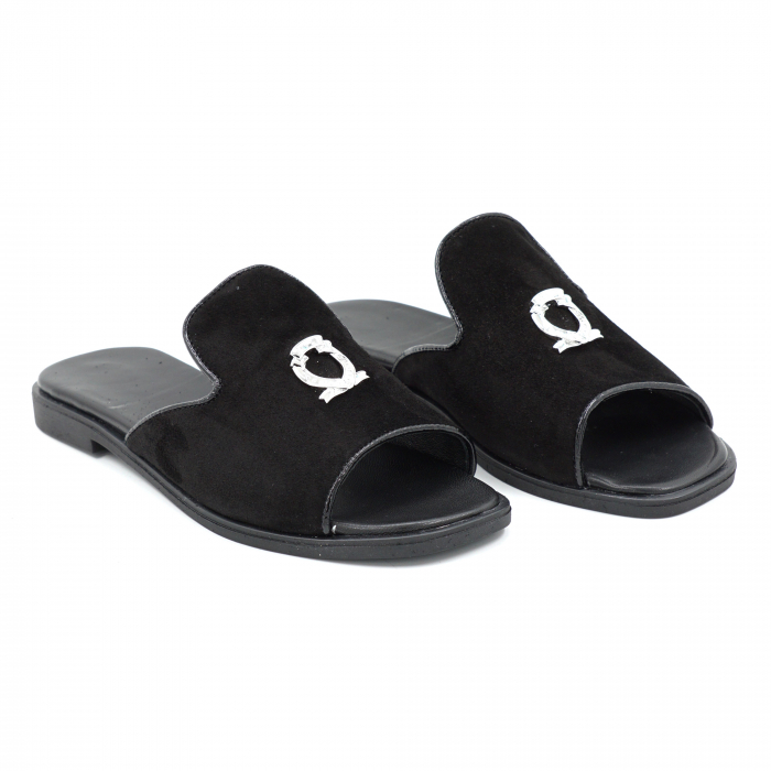Papuci dama din piele naturala intoarsa neagra cu varf rotund si talpa 1 cm 11920-25 [4]