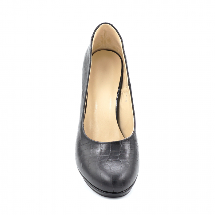 Pantofi dama din piele naturala croco mat negru cu varf rotund, platforma 1 cm si  toc inalt gros 10 cm 0612-24 [5]