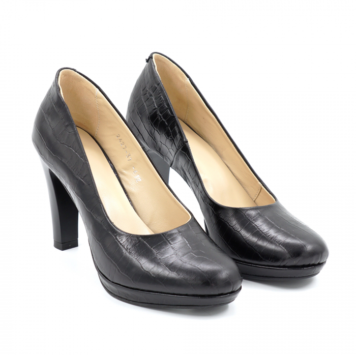 Pantofi dama din piele naturala croco mat negru cu varf rotund, platforma 1 cm si  toc inalt gros 10 cm 0612-24 [4]