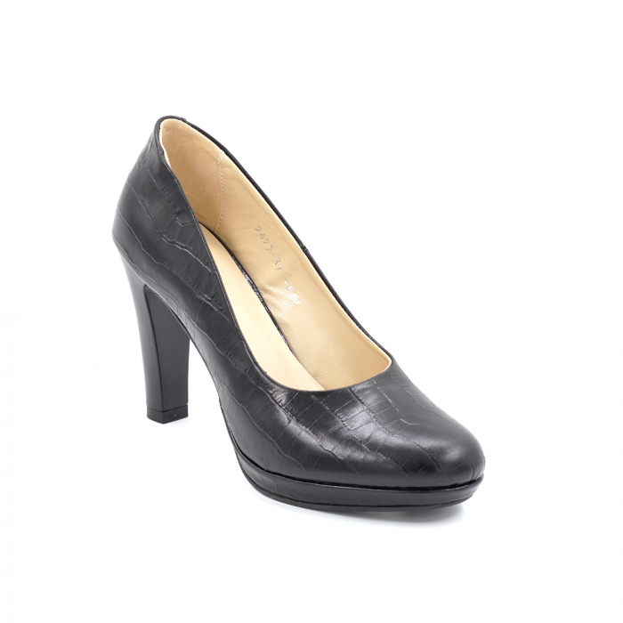 Pantofi dama din piele naturala croco mat negru cu varf rotund, platforma 1 cm si  toc inalt gros 10 cm 0612-24 [3]
