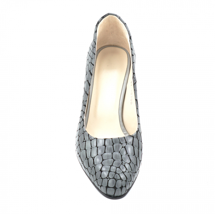 Pantofi dama din piele naturala croco 3D gri cu varf ascutit si toc mic gros 6 cm 0700-1-24 [5]