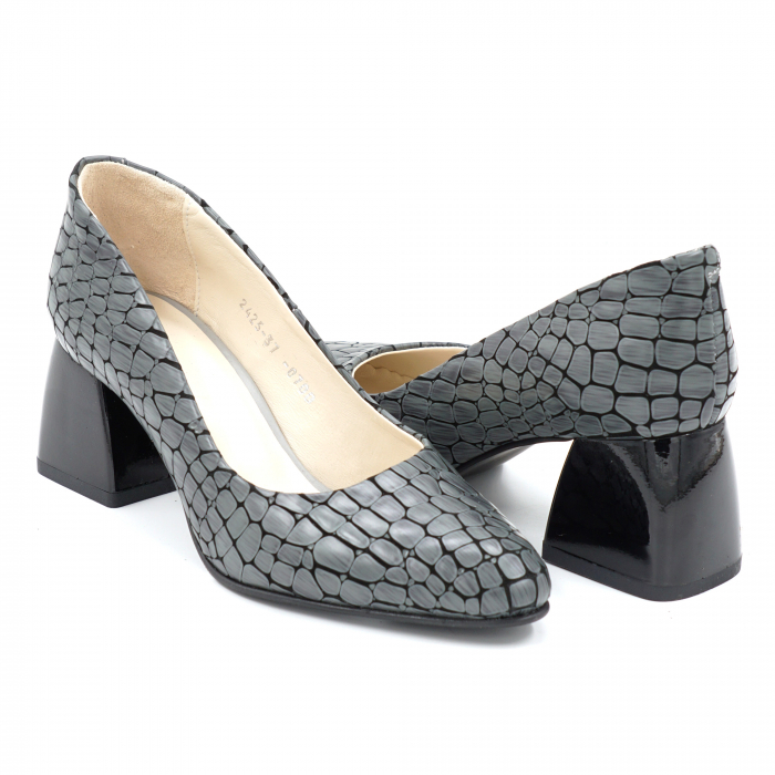 Pantofi dama din piele naturala croco 3D gri cu varf ascutit si toc mic gros 6 cm 0700-1-24 [2]