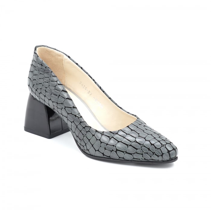 Pantofi dama din piele naturala croco 3D gri cu varf ascutit si toc mic gros 6 cm 0700-1-24 [3]
