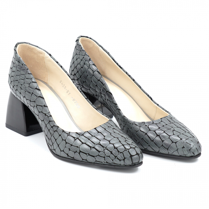 Pantofi dama din piele naturala croco 3D gri cu varf ascutit si toc mic gros 6 cm 0700-1-24 [4]
