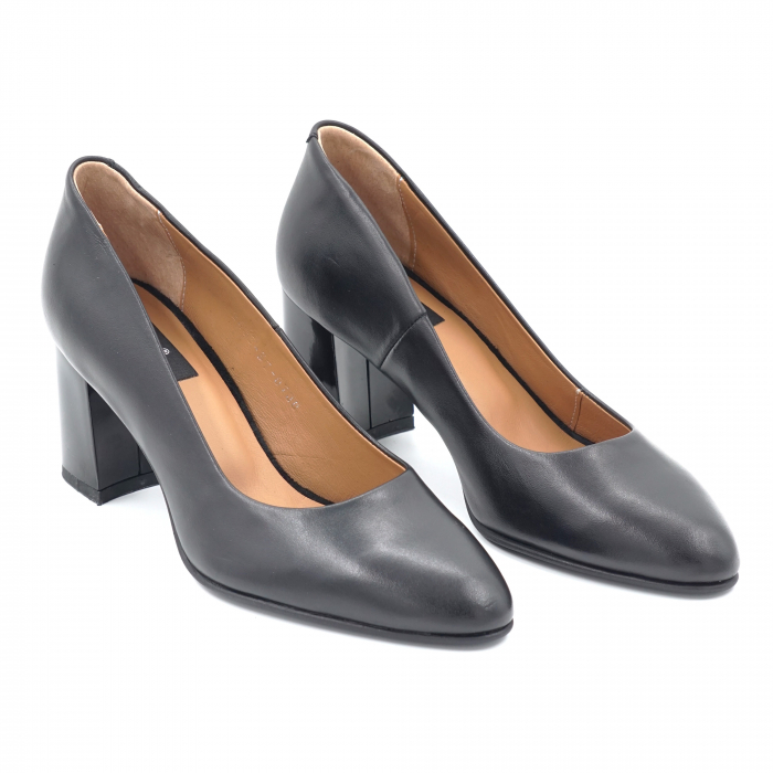 Pantofi dama din piele naturala neagra cu varf ascutit si toc mic gros 6 cm 0700-2-24 [4]