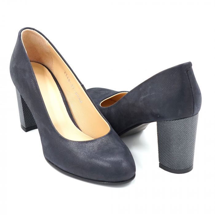 Pantofi dama din piele naturala bleumaren cu varf rotund si toc mediu gros 7 cm 0948-1-24 [4]