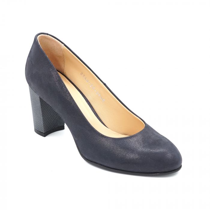 Pantofi dama din piele naturala bleumaren cu varf rotund si toc mediu gros 7 cm 0948-1-24 [2]