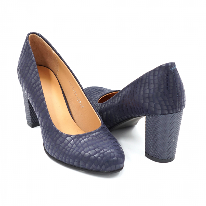 Pantofi dama din piele naturala bleumaren cu imprimeu croco cu varf rotund si toc mediu gros 7 cm 0948-24 [5]