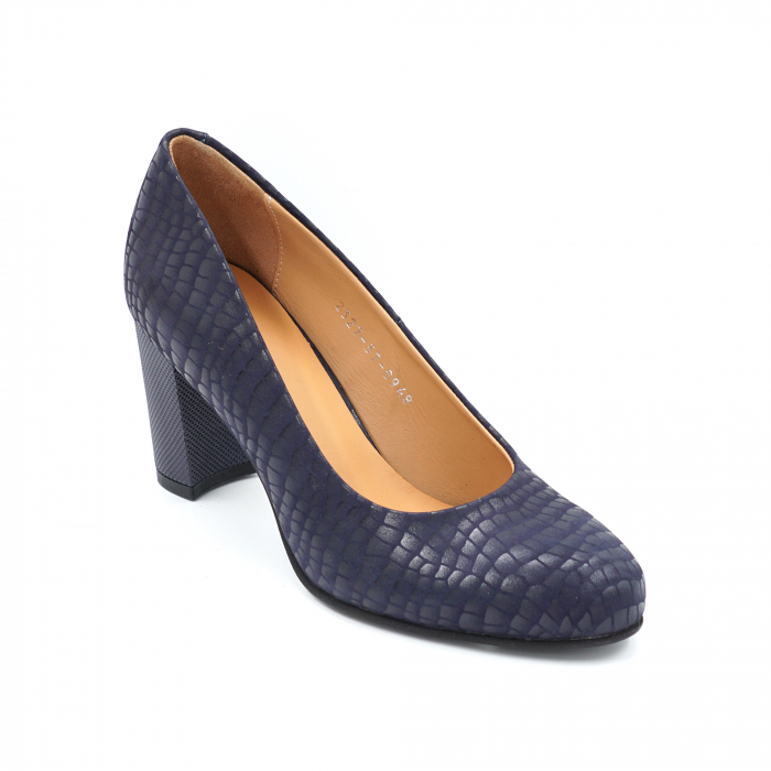 Pantofi dama din piele naturala bleumaren cu imprimeu croco cu varf rotund si toc mediu gros 7 cm 0948-24 [2]