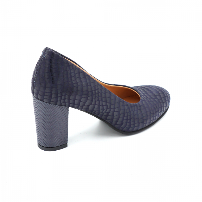 Pantofi dama din piele naturala bleumaren cu imprimeu croco cu varf rotund si toc mediu gros 7 cm 0948-24 [3]