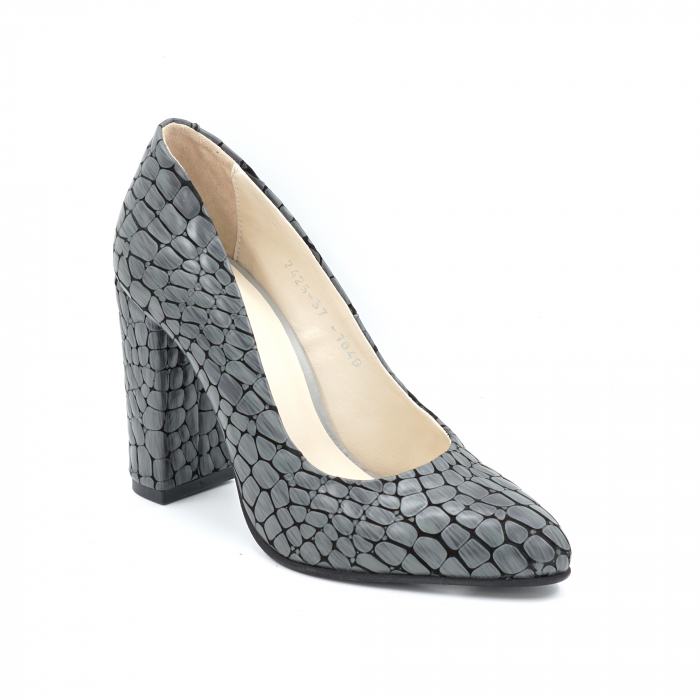 Pantofi dama din piele naturala croco gri 3D cu varf ascutit stileto si toc inalt gros imbracat 9 cm 1040-4-24 [2]