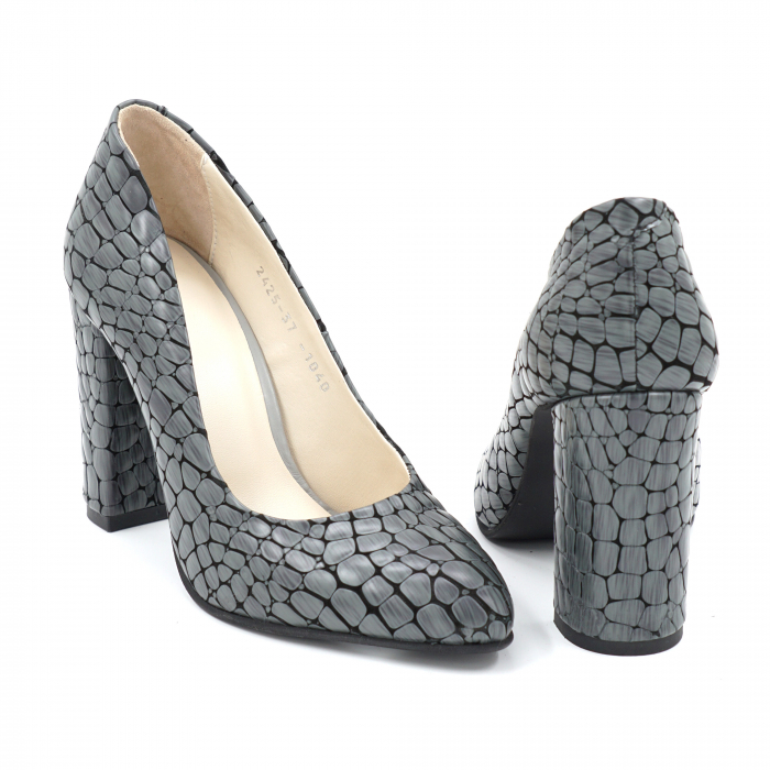 Pantofi dama din piele naturala croco gri 3D cu varf ascutit stileto si toc inalt gros imbracat 9 cm 1040-4-24 [4]