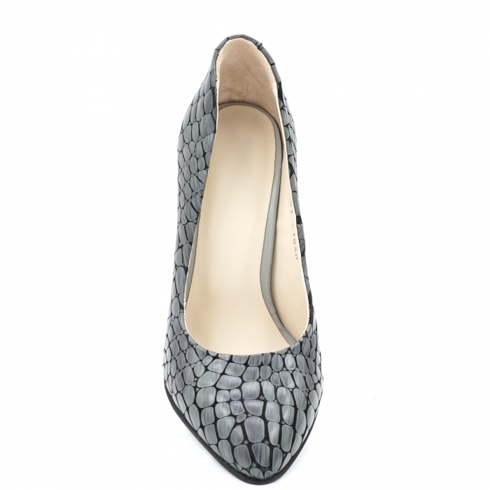 Pantofi dama din piele naturala croco gri 3D cu varf ascutit stileto si toc inalt gros imbracat 9 cm 1040-4-24 [6]