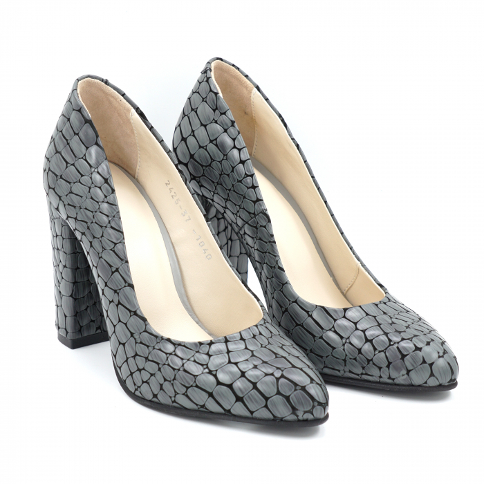 Pantofi dama din piele naturala croco gri 3D cu varf ascutit stileto si toc inalt gros imbracat 9 cm 1040-4-24 [5]