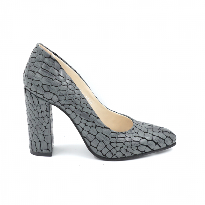 Pantofi dama din piele naturala croco gri 3D cu varf ascutit stileto si toc inalt gros imbracat 9 cm 1040-4-24 [1]