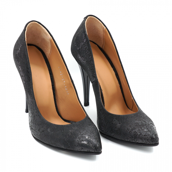 Pantofi dama din piele naturala neagra cu insertii cu varf ascutit stileto si toc inalt subtire 10 cm 1046-24 [2]
