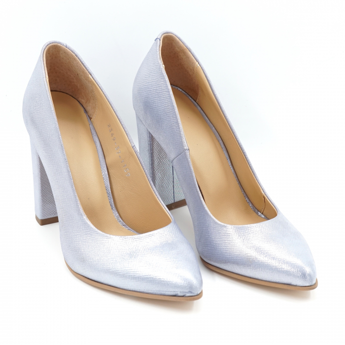 Pantofi dama din piele naturala albastru bleu metalizat cu varf ascutit stileto si toc inalt gros imbracat 9 cm 1159-24 [3]