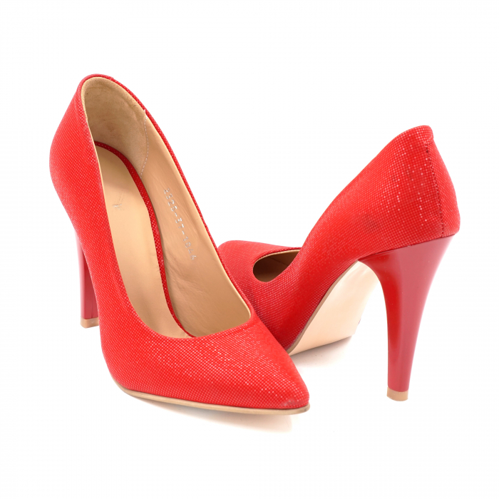 Pantofi dama din piele naturala rosie cu imprimeu cu varf ascutit stileto si toc inalt subtire 10 cm 1159-3-24 [2]