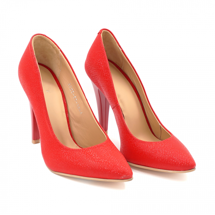 Pantofi dama din piele naturala rosie cu imprimeu cu varf ascutit stileto si toc inalt subtire 10 cm 1159-3-24 [4]