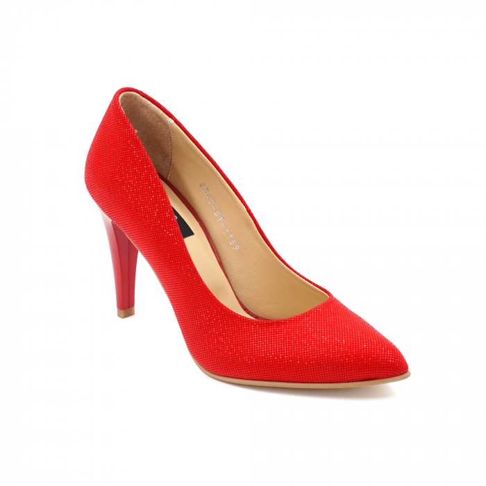 Pantofi dama din piele naturala rosie cu insertii 3D cu varf ascutit stileto si toc inalt subtire 10 cm 1159-3-24 [2]