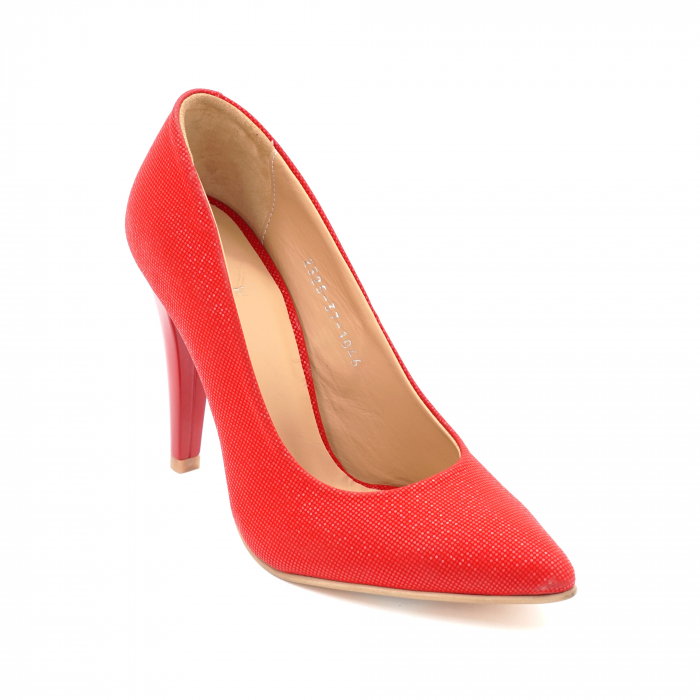 Pantofi dama din piele naturala rosie cu imprimeu cu varf ascutit stileto si toc inalt subtire 10 cm 1159-3-24 [3]