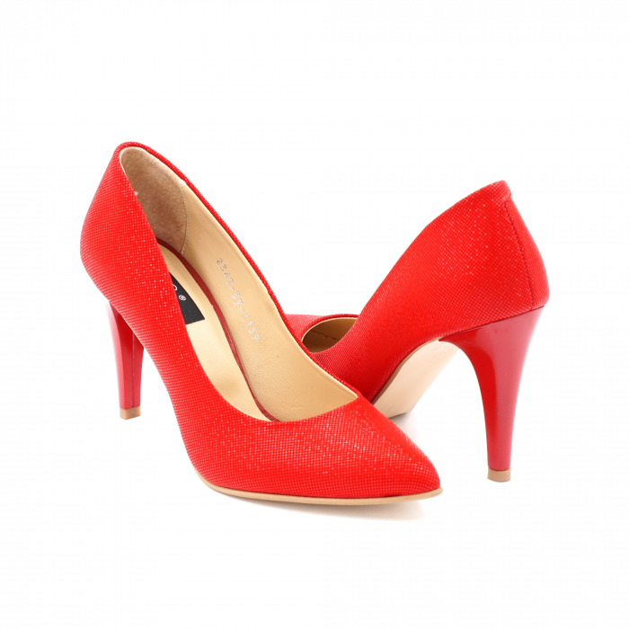 Pantofi dama din piele naturala rosie cu insertii 3D cu varf ascutit stileto si toc inalt subtire 10 cm 1159-3-24 [4]