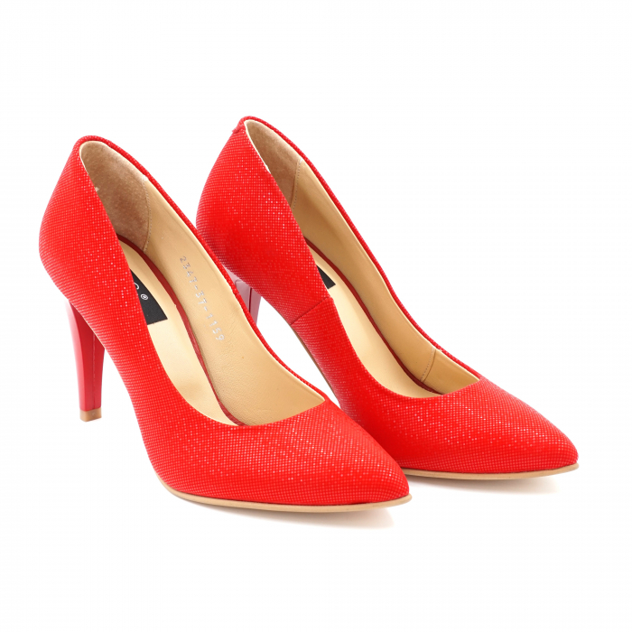 Pantofi dama din piele naturala rosie cu insertii 3D cu varf ascutit stileto si toc inalt subtire 10 cm 1159-3-24 [3]
