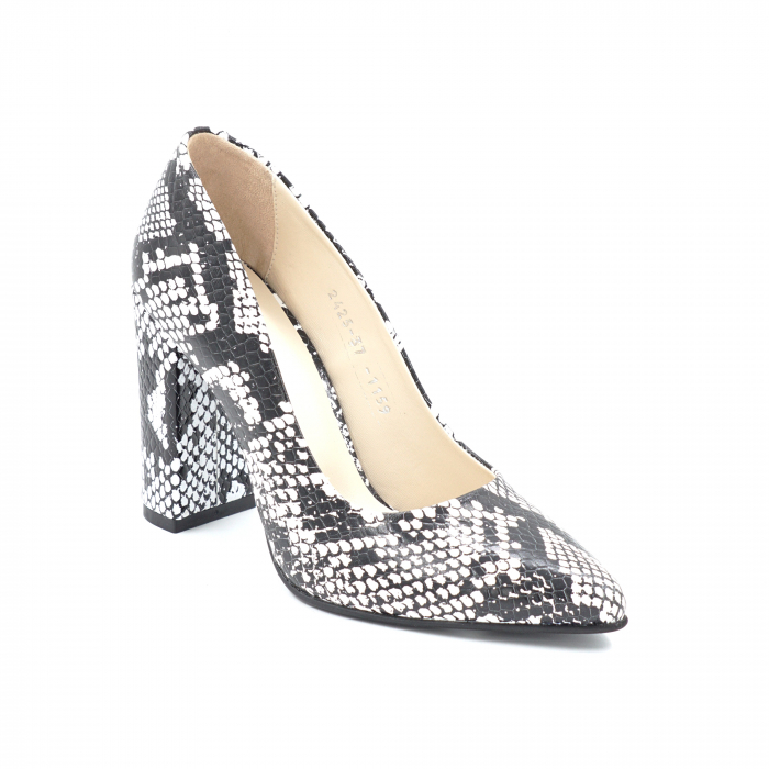 Pantofi dama din piele naturala cu imprimeu sarpe alb-negru cu varf ascutit stileto si toc inalt gros imbracat  9 cm 1159-4-24 [2]