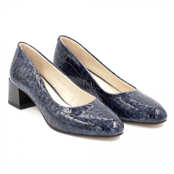 Pantofi dama din piele naturala lacuita croco bleumaren cu varf rotund si toc mic gros 4 cm 4053-1-24 [2]