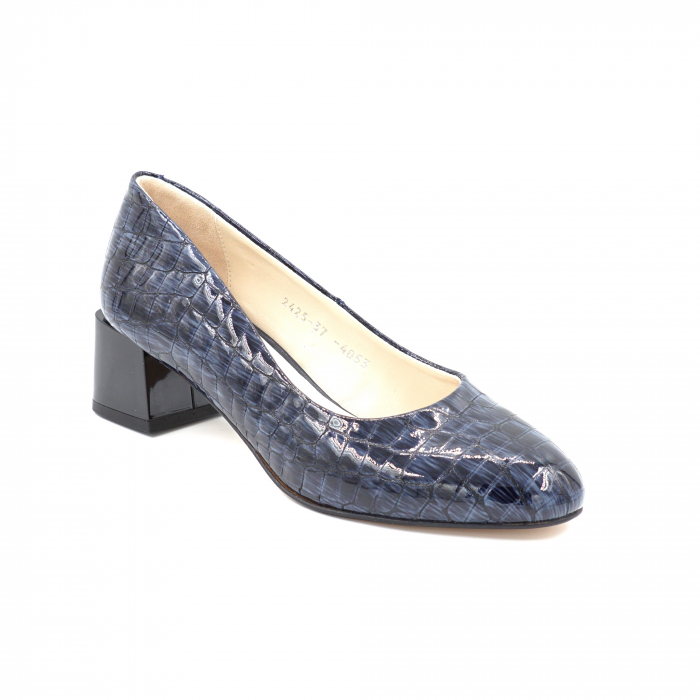Pantofi dama din piele naturala lacuita croco bleumaren cu varf rotund si toc mic gros 4 cm 4053-1-24 [3]