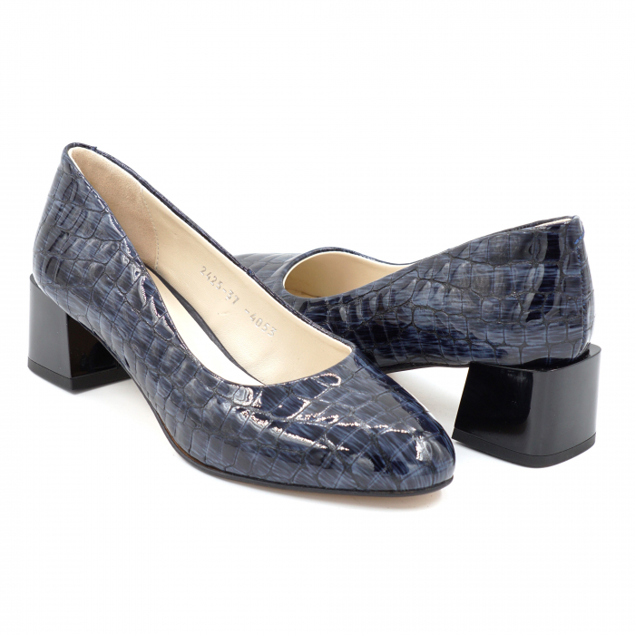 Pantofi dama din piele naturala lacuita croco bleumaren cu varf rotund si toc mic gros 4 cm 4053-1-24 [4]