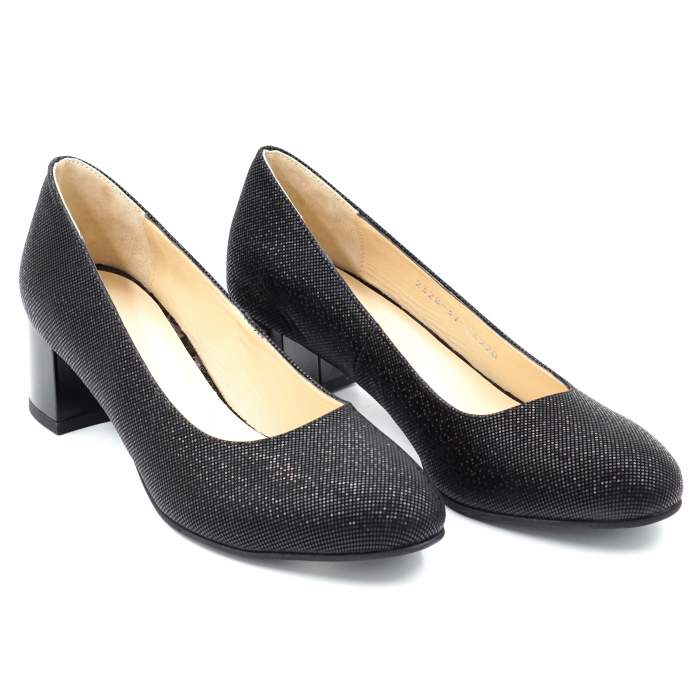 Pantofi dama din piele naturala intoarsa neagra cu imprimeu cu varf rotund si toc mic gros 4 cm 4053-24 [3]