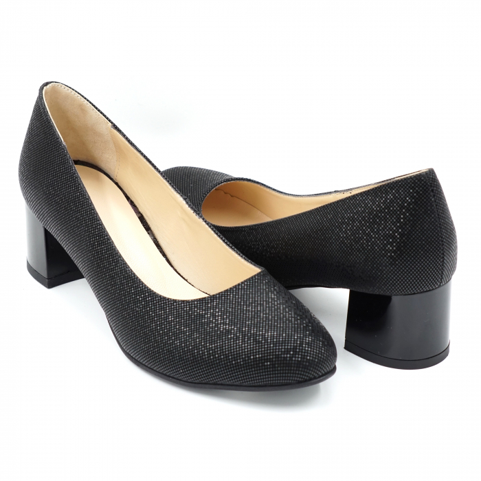 Pantofi dama din piele naturala intoarsa neagra cu imprimeu cu varf rotund si toc mic gros 4 cm 4053-24 [4]