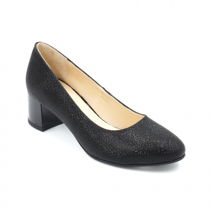 Pantofi dama din piele naturala intoarsa neagra cu imprimeu cu varf rotund si toc mic gros 4 cm 4053-24 [2]