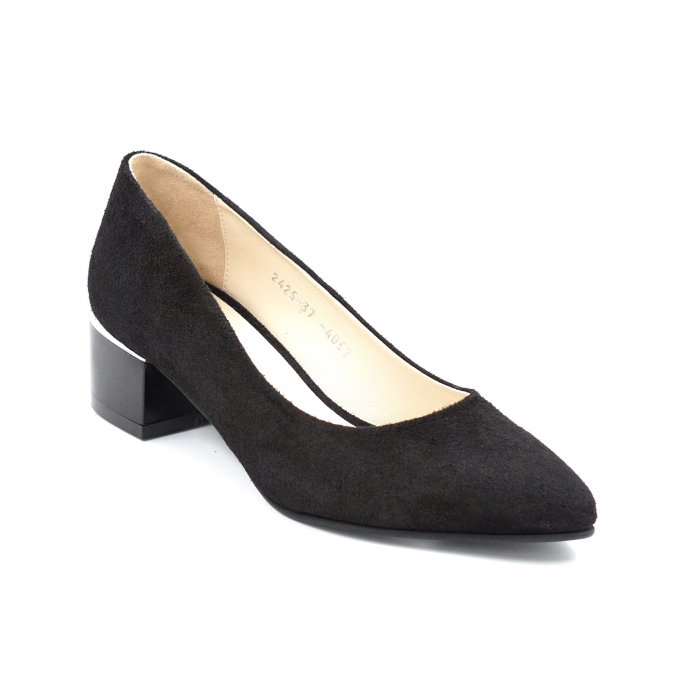 Pantofi dama din piele naturala intoarsa neagra cu varf ascutit stileto si toc mic gros 4 cm 4057-1-24 [2]