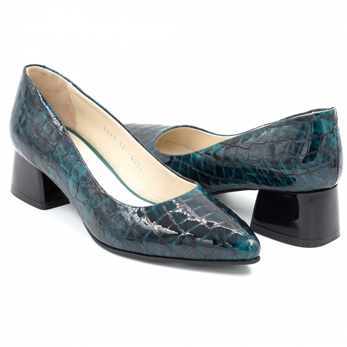 Pantofi dama din piele naturala lacuita croco verde marmorat cu varf ascutit stileto si toc mic gros 4 cm 4057-2-24 [2]