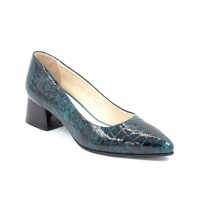 Pantofi dama din piele naturala lacuita croco verde marmorat cu varf ascutit stileto si toc mic gros 4 cm 4057-2-24 [3]