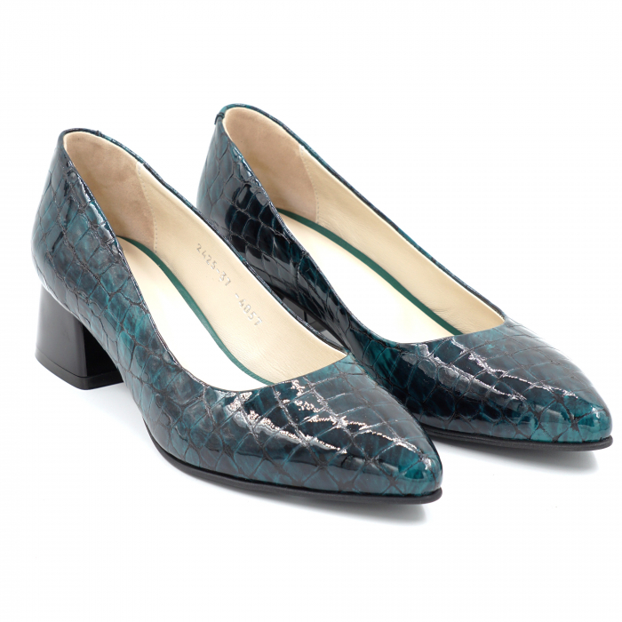 Pantofi dama din piele naturala lacuita croco verde marmorat cu varf ascutit stileto si toc mic gros 4 cm 4057-2-24 [4]