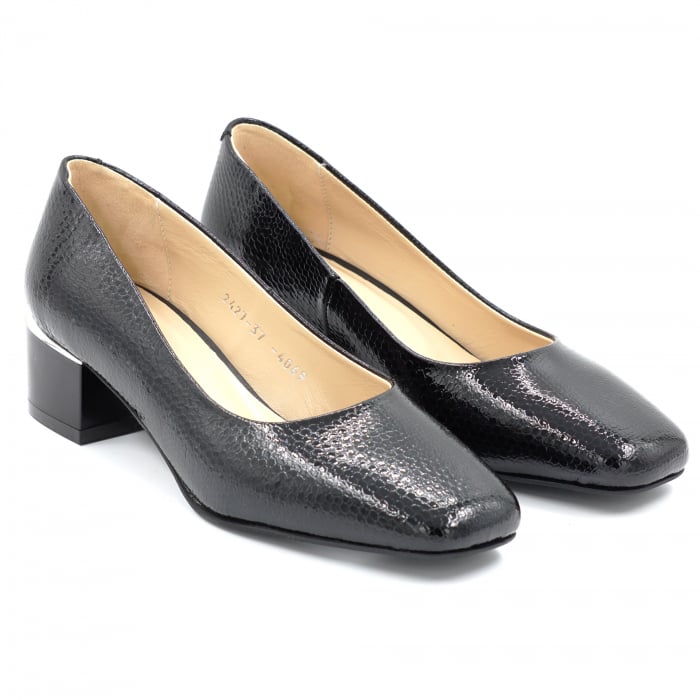 Pantofi dama din piele naturala croco lac negru cu varf patrat si toc mic gros 4 cm 4069-1-24 [4]