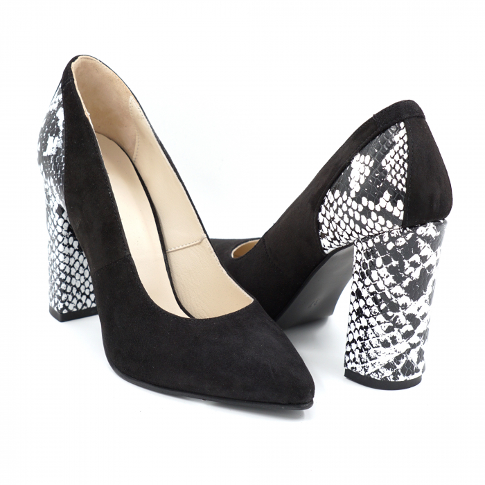 Pantofi dama din piele naturala intoarsa neagra si cu imprimeu sarpe alb-negru cu varf ascutit stileto si toc inalt gros imbracat 9 cm 50018-1-24 [2]