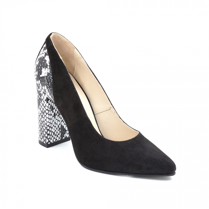 Pantofi dama din piele naturala intoarsa neagra si cu imprimeu sarpe alb-negru cu varf ascutit stileto si toc inalt gros imbracat 9 cm 50018-1-24 [3]