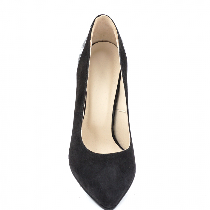 Pantofi dama din piele naturala intoarsa neagra si cu imprimeu sarpe alb-negru cu varf ascutit stileto si toc inalt gros imbracat 9 cm 50018-1-24 [6]
