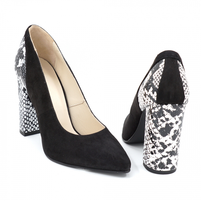 Pantofi dama din piele naturala intoarsa neagra si cu imprimeu sarpe alb-negru cu varf ascutit stileto si toc inalt gros imbracat 9 cm 50018-1-24 [5]