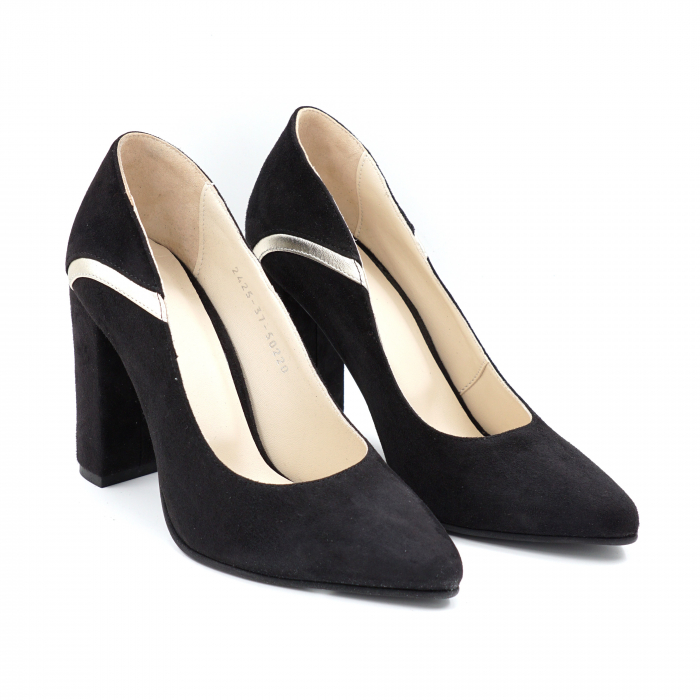 Pantofi dama din piele naturala intoarsa neagra si aurie cu varf ascutit stileto si toc inalt gros imbracat 9 cm 50220-1-24 [3]