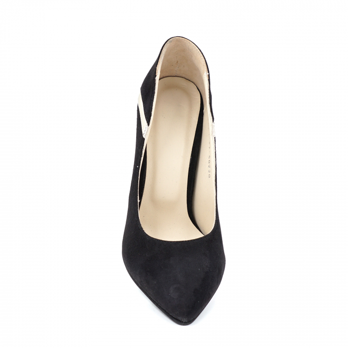 Pantofi dama din piele naturala intoarsa neagra si aurie cu varf ascutit stileto si toc inalt gros imbracat 9 cm 50220-1-24 [5]