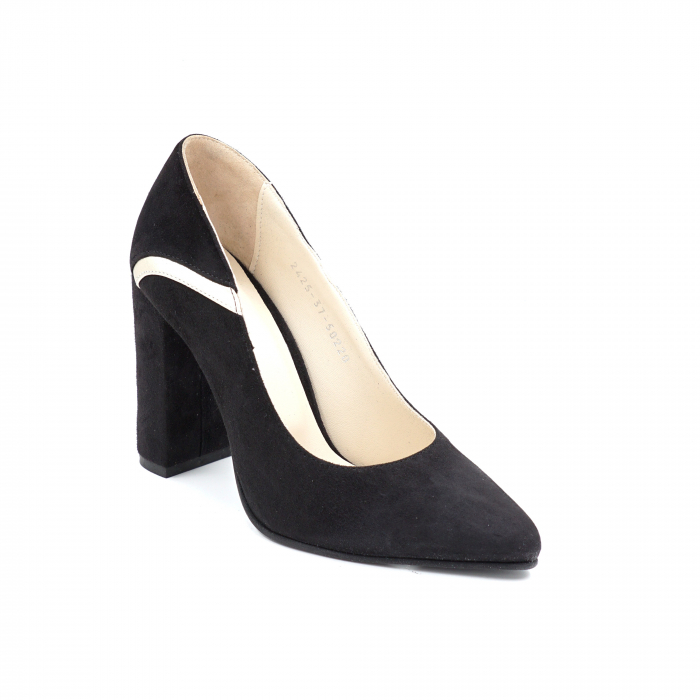 Pantofi dama din piele naturala intoarsa neagra si aurie cu varf ascutit stileto si toc inalt gros imbracat 9 cm 50220-1-24 [2]
