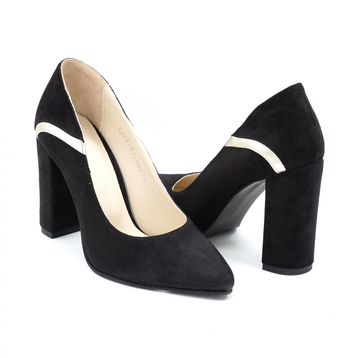 Pantofi dama din piele naturala intoarsa neagra si aurie cu varf ascutit stileto si toc inalt gros imbracat 9 cm 50220-1-24 [4]
