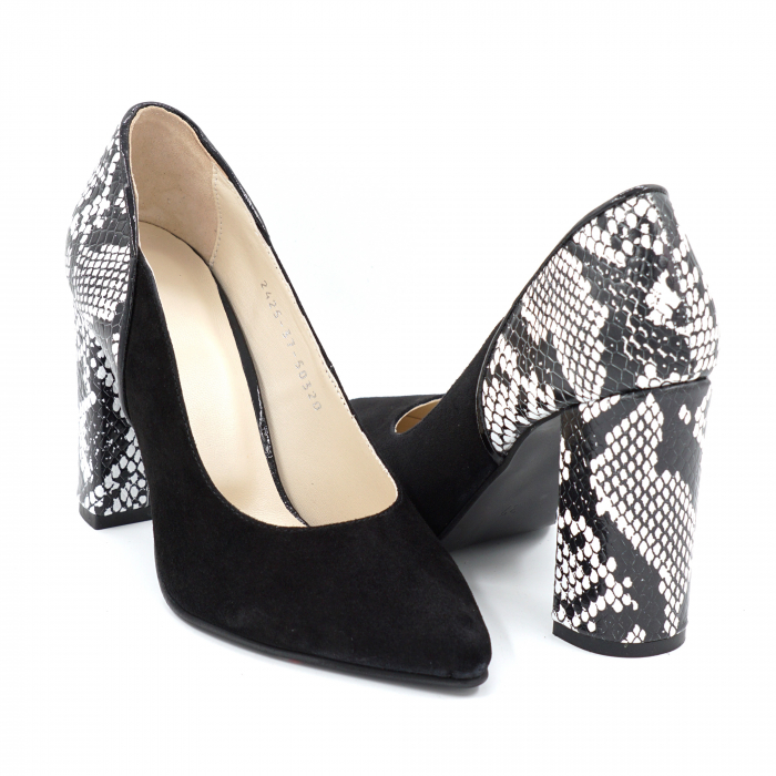 Pantofi dama din piele naturala intoarsa neagra si cu imprimeu sarpe alb-negru cu varf ascutit stileto si toc inalt gros imbracat 9 cm 50320-2-24 [3]